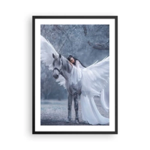 Poster în ramă neagră - Pegas cu aripi albe și o figură eterică - 50x70cm - Moment inspirat - Decorațiune modernă pentru perete pentru living și dormitor ARTTOR