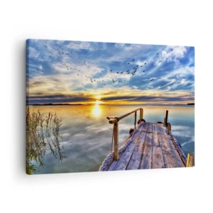 Tablou pe pânză Canvas - ponton de lemn peste lac la apus - 70x50cm - Vântul se odihnește - Decorațiune modernă pentru perete pentru living și dormitor ARTTOR