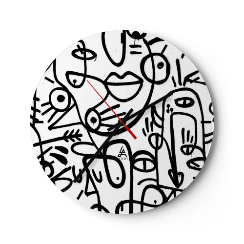 Ceas de perete - Ceas pe sticlă - Fețe de artă liniară abstractă pe fundal alb - 30x30cm - Chipuri și miraje - Decorațiune modernă pentru perete pentru living, bucătărie și dormitor ARTTOR