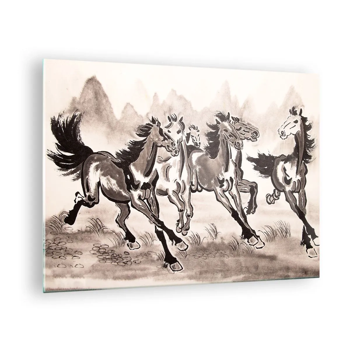 Tablou pe sticlă - Un grup de cai galopând în stil chinezesc - 70x50cm - Un galop vesel - Decorațiune modernă pentru perete pentru living și dormitor ARTTOR