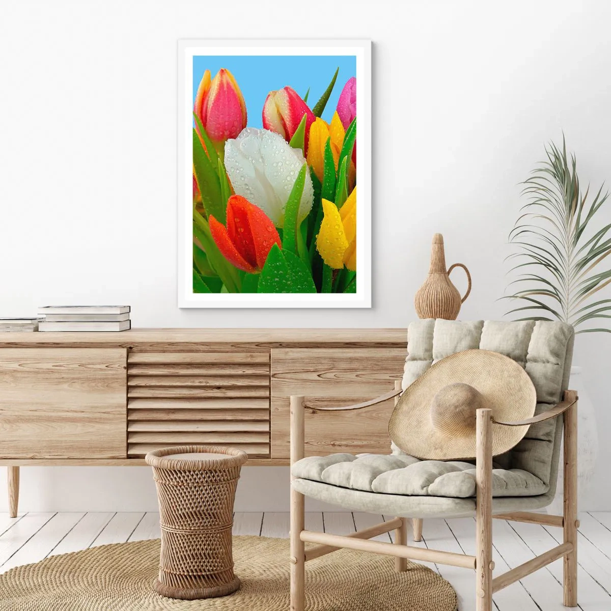Poster în ramă albă - Un curcubeu floral în picături de rouă - 40x50 cm