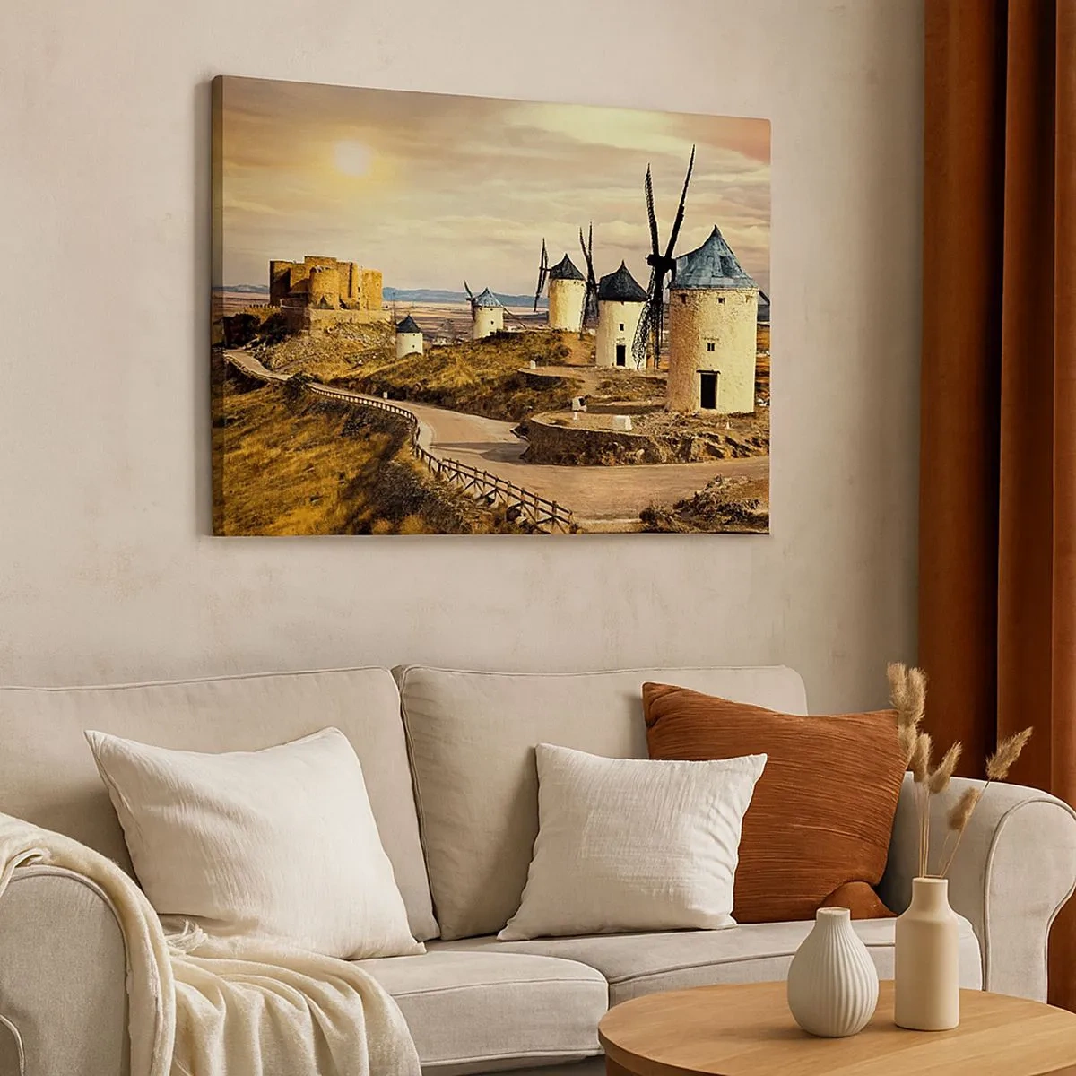 Tablou pe pânză Canvas - Mori de vânt pe dealuri cu un castel istoric în fundal - 70x50cm - Don Quijote apare imediat - Decorațiune modernă pentru perete pentru living și dormitor ARTTOR