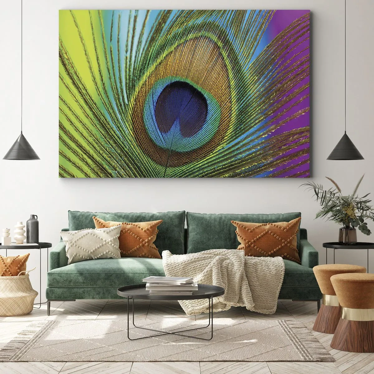 Tablou pe pânză Canvas - Prim-plan al unei pene de păun cu culori vii - 70x50cm - Ochi în ochi - Decorațiune modernă pentru perete pentru living și dormitor ARTTOR