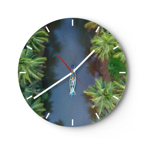Ceas de perete - Ceas pe sticlă - O barcă pe un râu tropical printre palmieri, văzută din perspectiva unei păsări. - 30x30cm - Pe traseul tropical - Decorațiune modernă pentru perete pentru living, bucătărie și dormitor ARTTOR