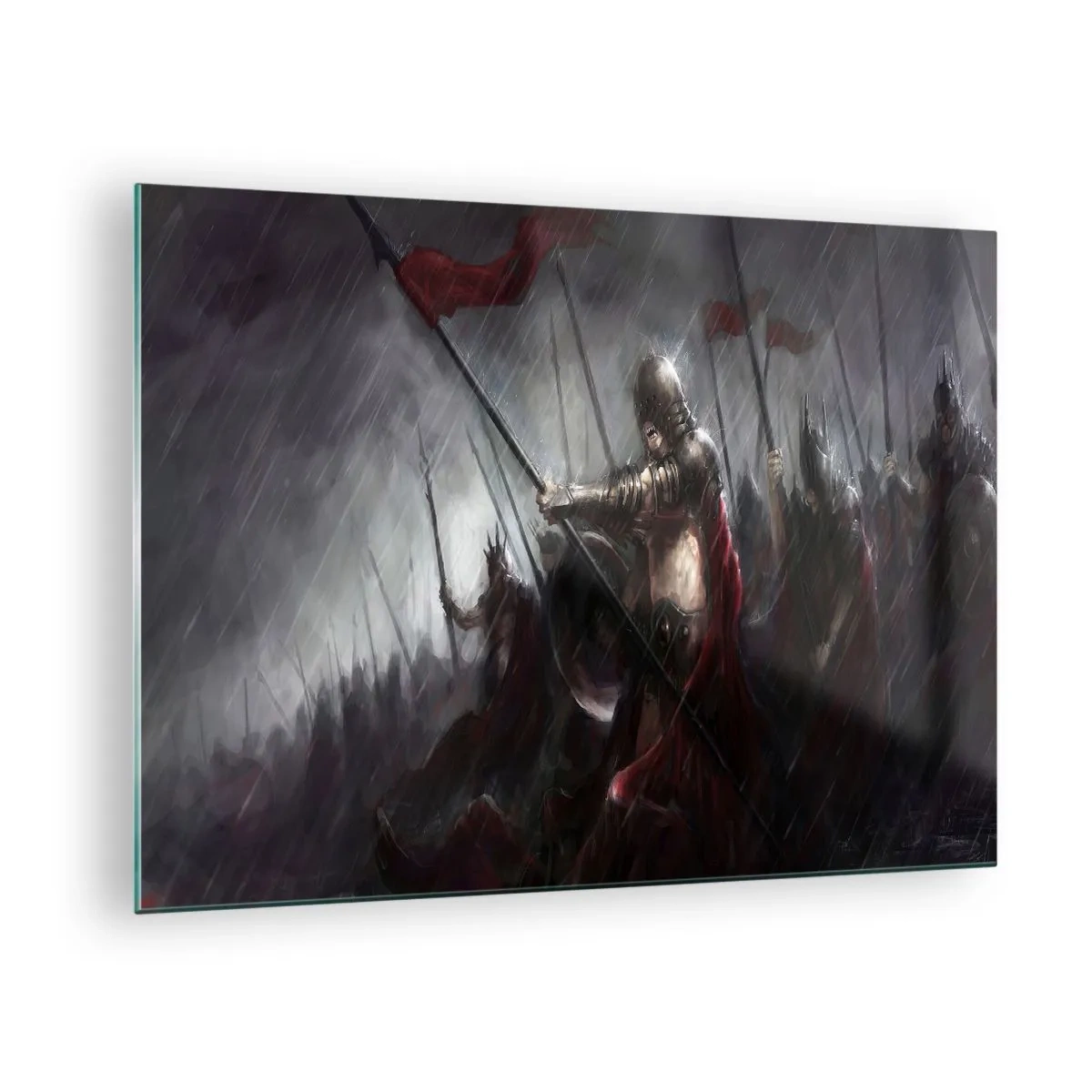 Tablou pe sticlă - Cavaleri în ploaie pe câmpul de luptă în echipament complet - 70x50cm - Trecătorule, spune-i Spartei.. - Decorațiune modernă pentru perete pentru living și dormitor ARTTOR