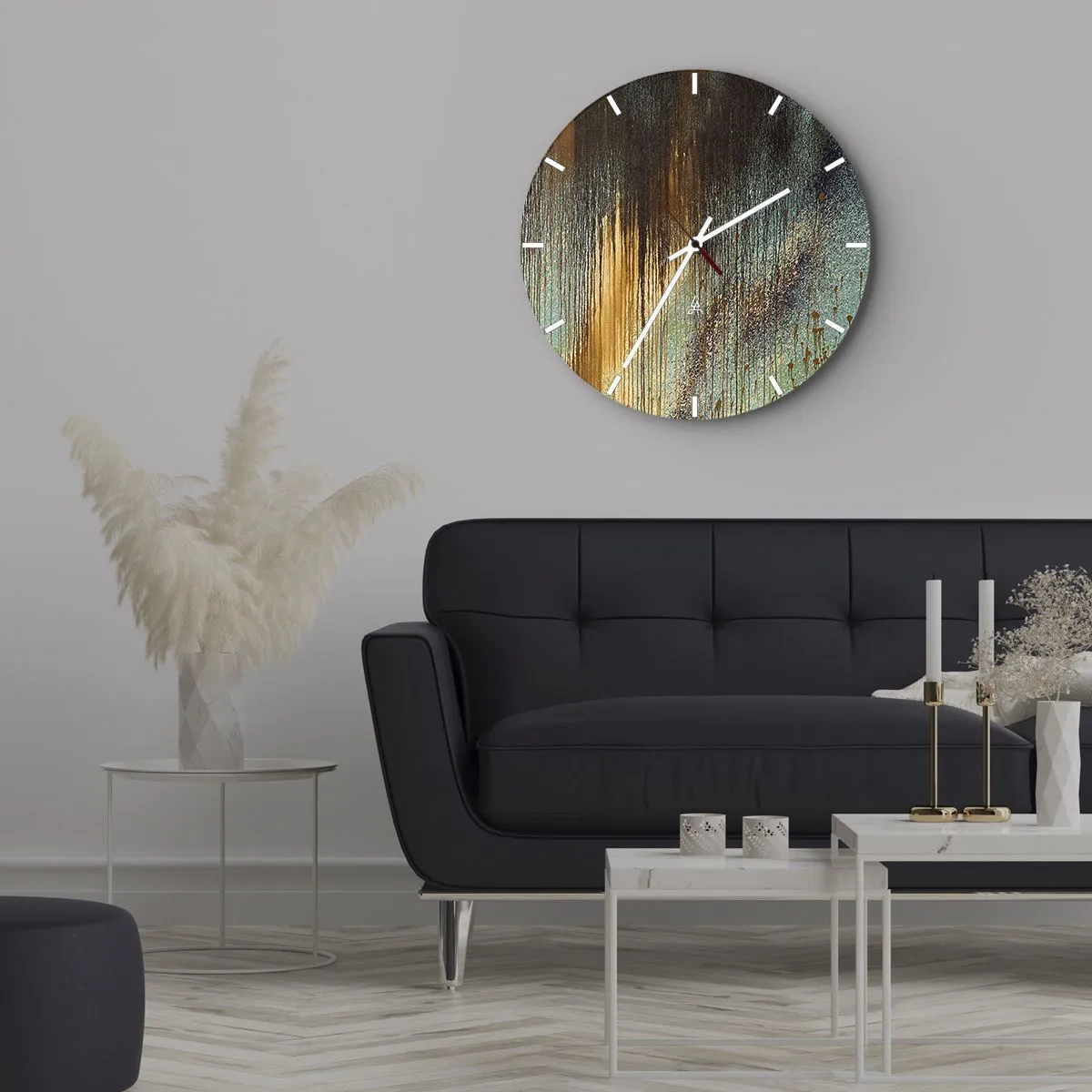 Ceas de perete - Ceas pe sticlă - Dungi de vopsea abstractă în auriu, albastru și negru - 30x30cm - O compoziție cromatică neaccidentală - Decorațiune modernă pentru perete pentru living, bucătărie și dormitor ARTTOR