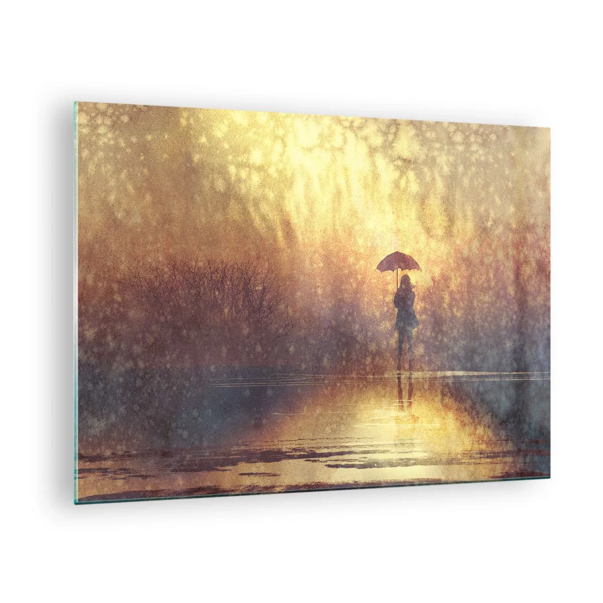 Tablou pe sticlă - O figură cu o umbrelă în lumina soarelui care apune și a ploii - 70x50cm - Simt că cineva se uită la mine - Decorațiune modernă pentru perete pentru living și dormitor ARTTOR