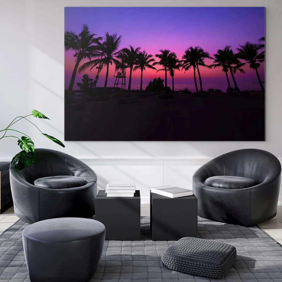 Tablou pe sticlă - Palmieri pe fundalul unui apus de soare roz-violet - 70x50cm - O seară sub palmieri - Decorațiune modernă pentru perete pentru living și dormitor ARTTOR