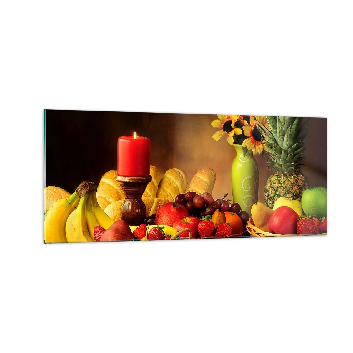 Tablou pe sticlă - Natură moarte cu pâine și fructe - 100x40 cm