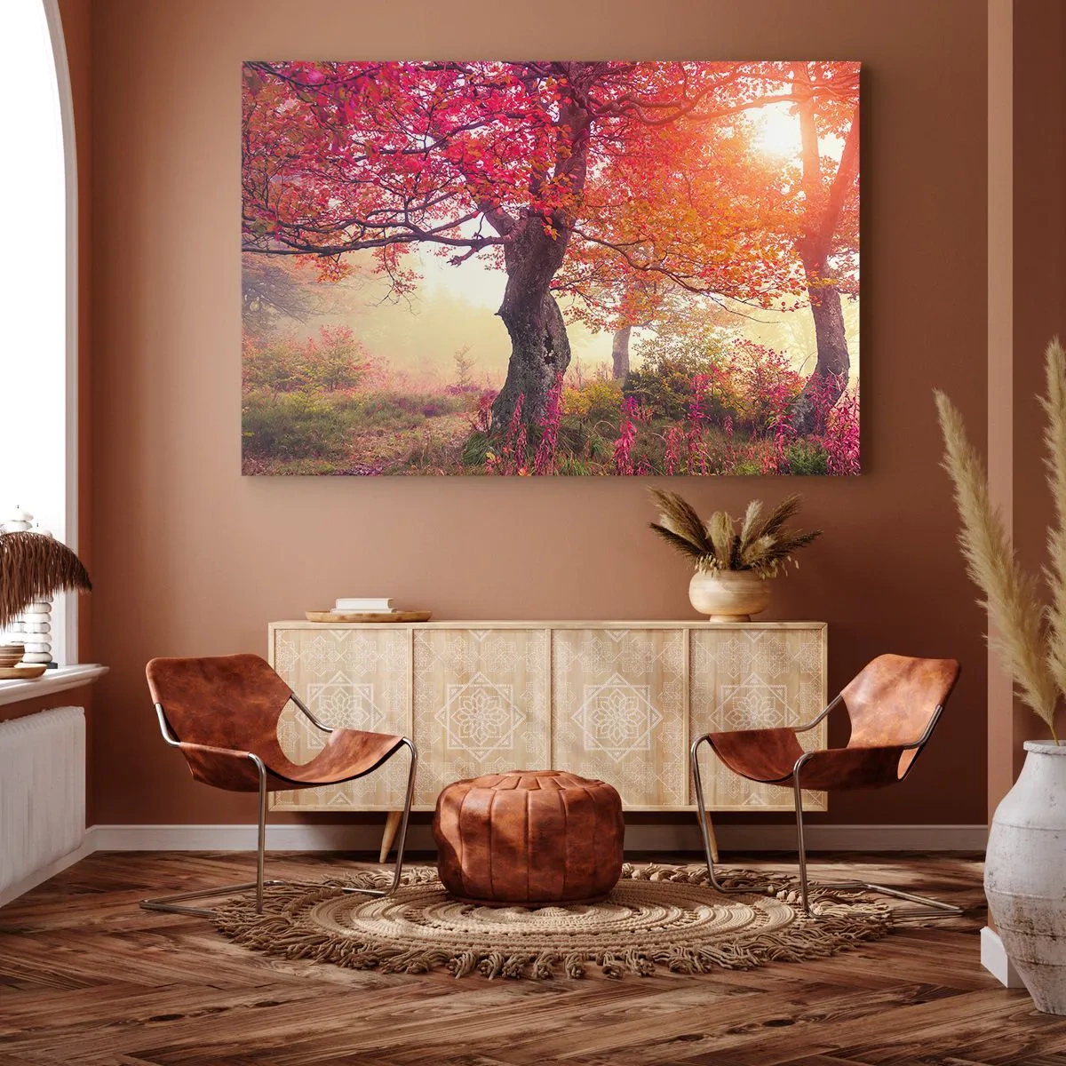 Tablou pe pânză Canvas - Peisaj de toamnă cu copaci în culori intense - 70x50cm - O frenezie de înflorire - Decorațiune modernă pentru perete pentru living și dormitor ARTTOR
