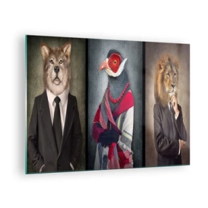 Tablou pe sticlă - Trei animale în haine elegante pe un fundal stilizat - 70x50cm - Ce caut eu aici!? - Decorațiune modernă pentru perete pentru living și dormitor ARTTOR