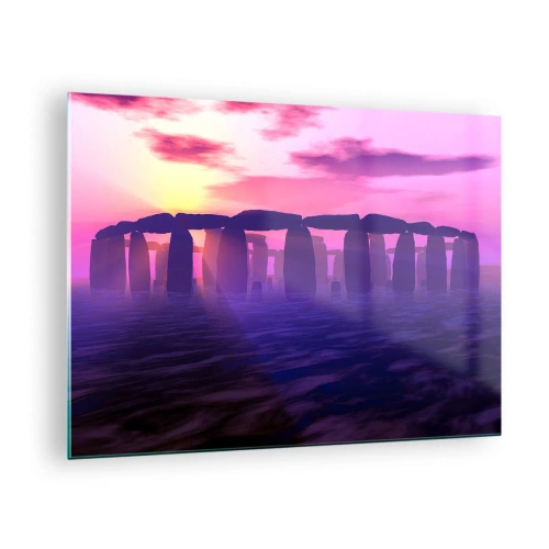Tablou pe sticlă - Stonehenge în lumina unui apus roz - 70x50cm - Mister în zori de zi în ceață - Decorațiune modernă pentru perete pentru living și dormitor ARTTOR