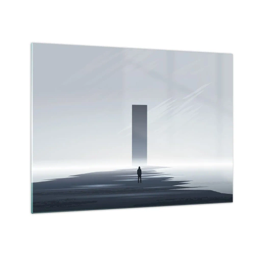 Tablou pe sticlă - Un peisaj minimalist cu o figură și un monolit în depărtare. - 70x50cm - Oportunitate sau amenințare? - Decorațiune modernă pentru perete pentru living și dormitor ARTTOR