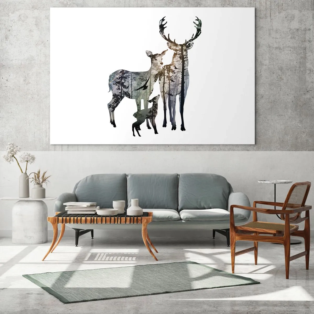 Tablou pe sticlă - Siluete de cerbi cu motiv forestier în stil minimalist - 70x50cm - Fotografie de familie - Decorațiune modernă pentru perete pentru living și dormitor ARTTOR