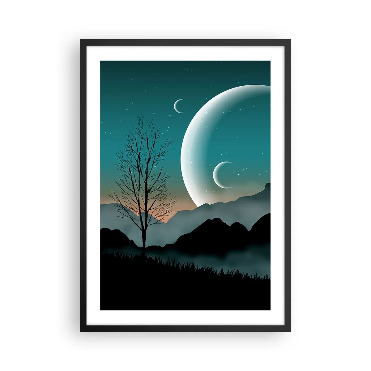 Poster în ramă neagră - Peisaj artistic cu luna pe fundalul munților și copacilor - 50x70cm - Carnavalul unei nopți înstelate - Decorațiune modernă pentru perete pentru living și dormitor ARTTOR