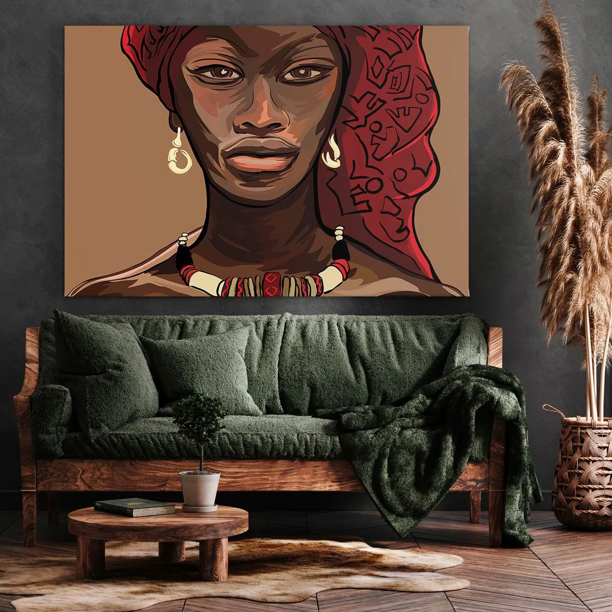 Tablou pe pânză Canvas - Portretul unei femei cu turban roșu pe fundal bej - 70x50cm - Venus din abanos - Decorațiune modernă pentru perete pentru living și dormitor ARTTOR
