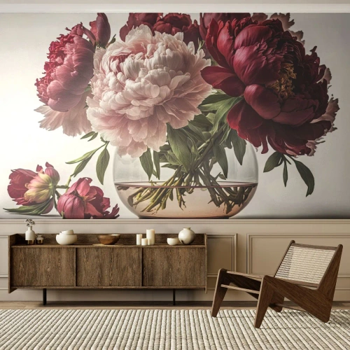 Tapet Premium Sand - În plină înflorire - Buchet de flori, Vază, Bujori - 100x70 cm