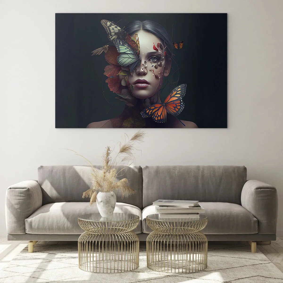 Tablou pe sticlă - Față de femeie cu fluturi și frunze într-o compoziție artistică - 70x50cm - Transformare minunată - Decorațiune modernă pentru perete pentru living și dormitor ARTTOR
