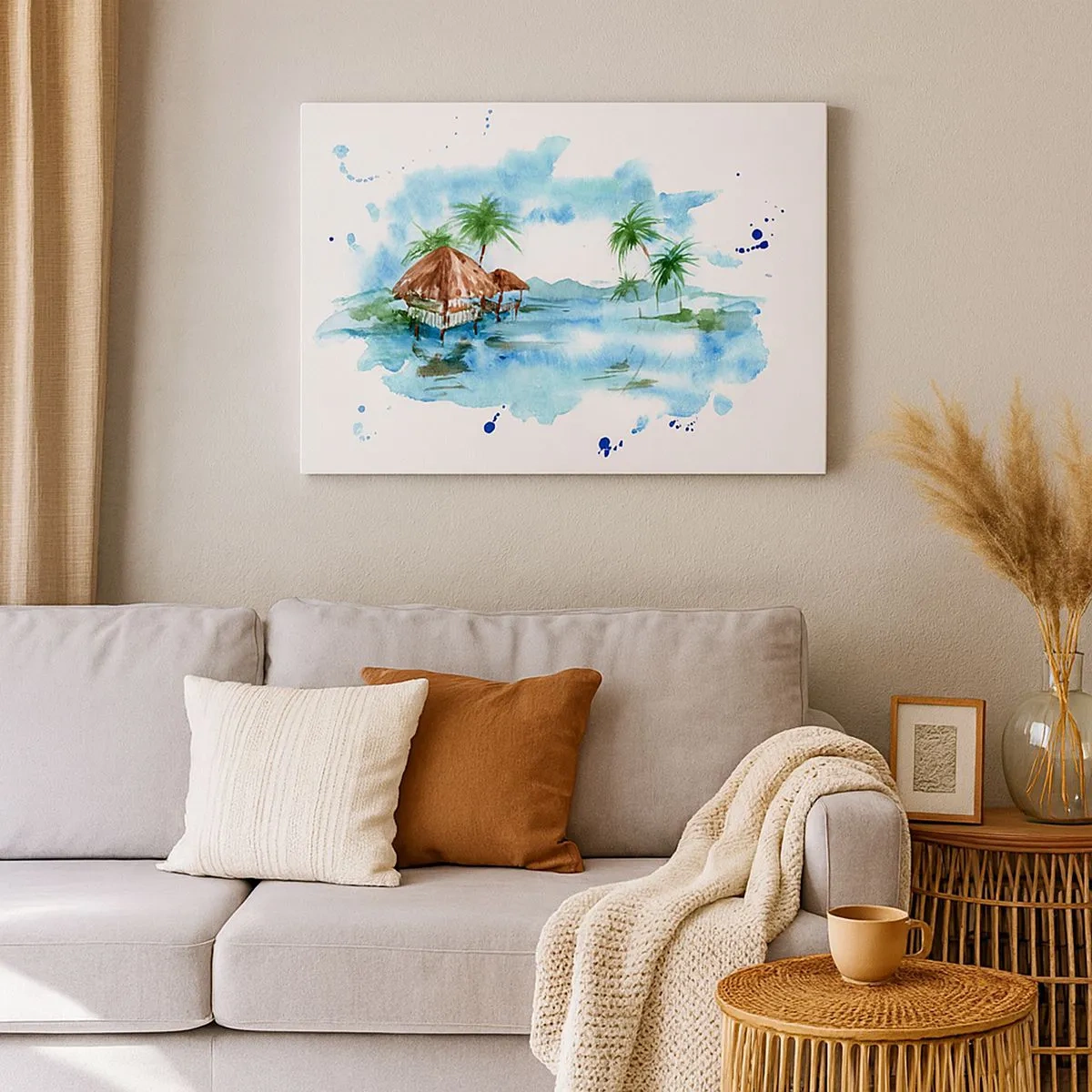 Tablou pe pânză Canvas - Pictură în acuarelă a unui peisaj tropical cu case și palmieri - 70x50cm - Undeva în Pacific - Decorațiune modernă pentru perete pentru living și dormitor ARTTOR