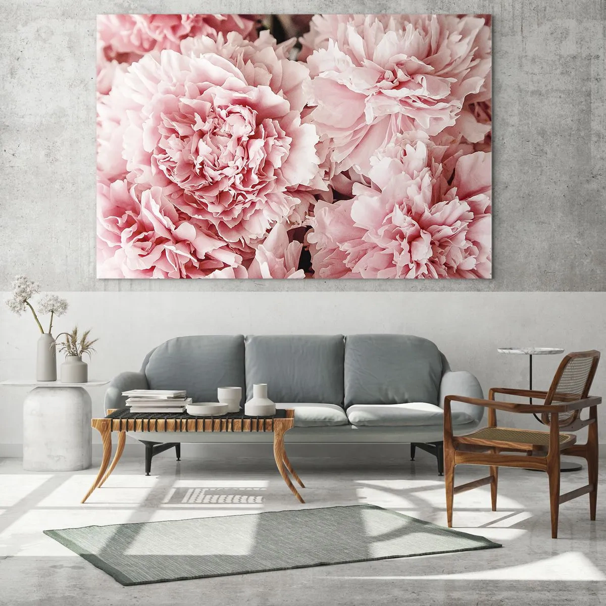 Tablou pe sticlă - Prim-plan cu bujori roz în plină floare - 70x50cm - Visul roz - Decorațiune modernă pentru perete pentru living și dormitor ARTTOR