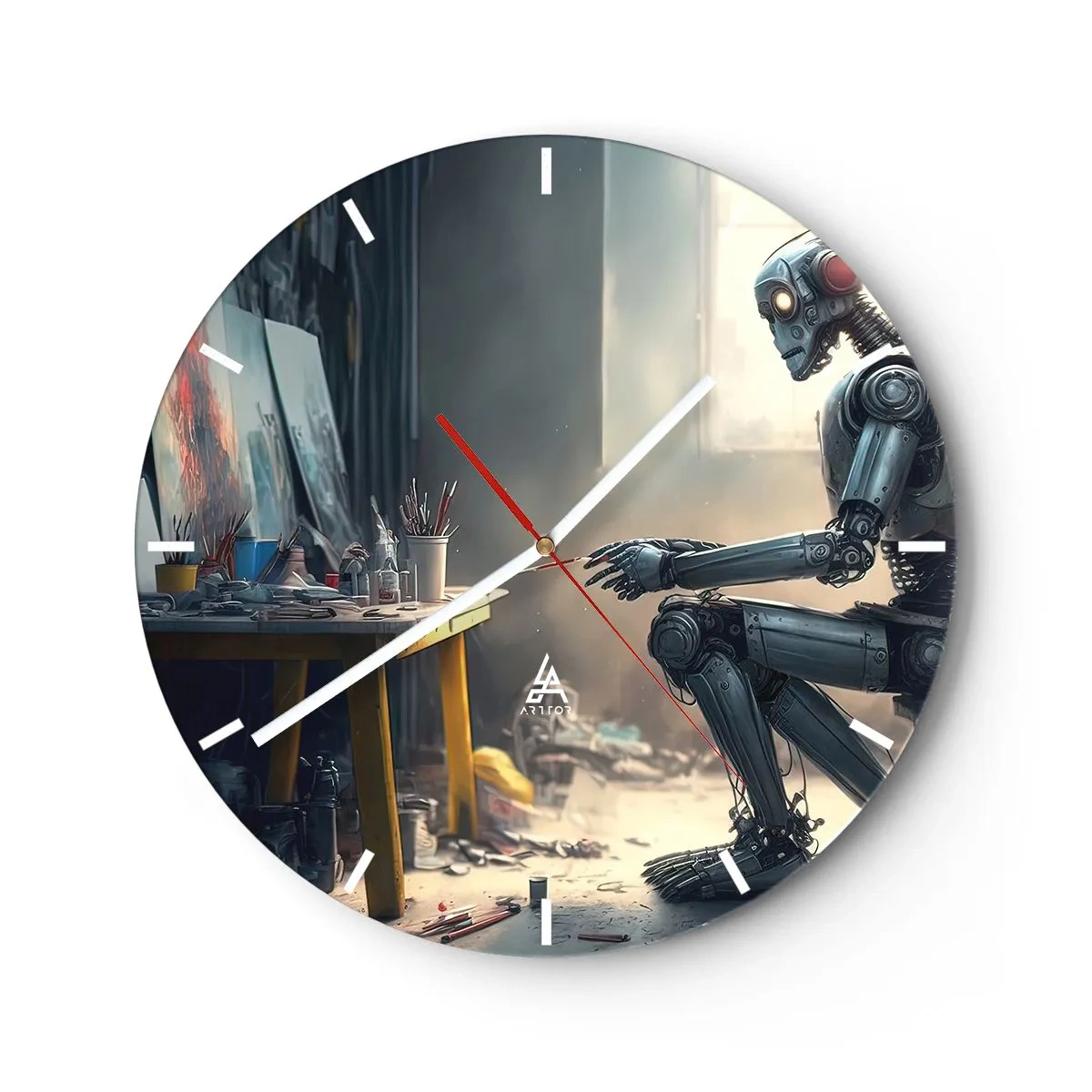 Ceas de perete - Ceas pe sticlă - Un robot la o masă de pictură într-un studio de artă - 30x30cm - Actul de creație - Decorațiune modernă pentru perete pentru living, bucătărie și dormitor ARTTOR