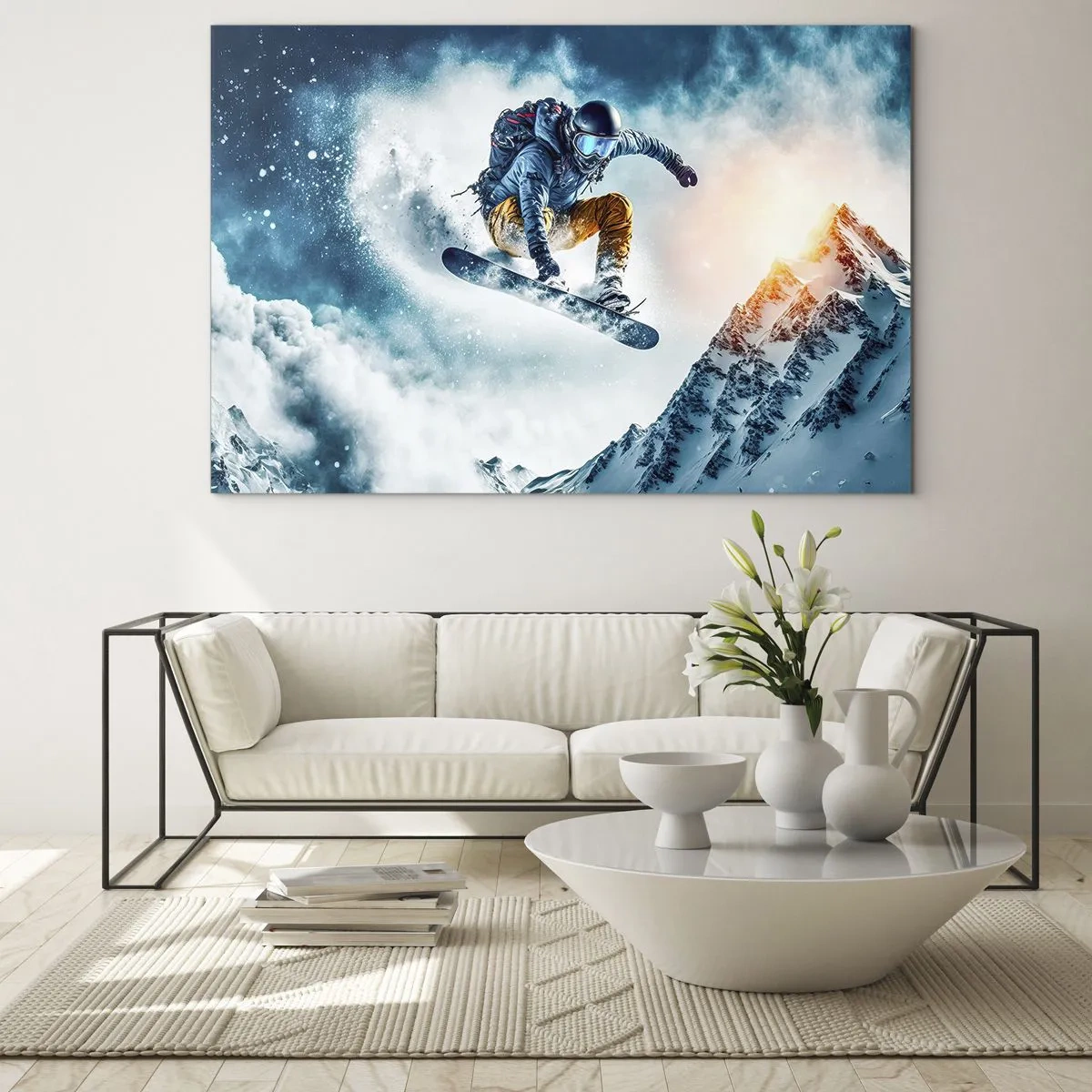Tablou pe sticlă - Un snowboarder zboară peste munți acoperiți de zăpadă - 70x50cm - Emoții extreme - Decorațiune modernă pentru perete pentru living și dormitor ARTTOR