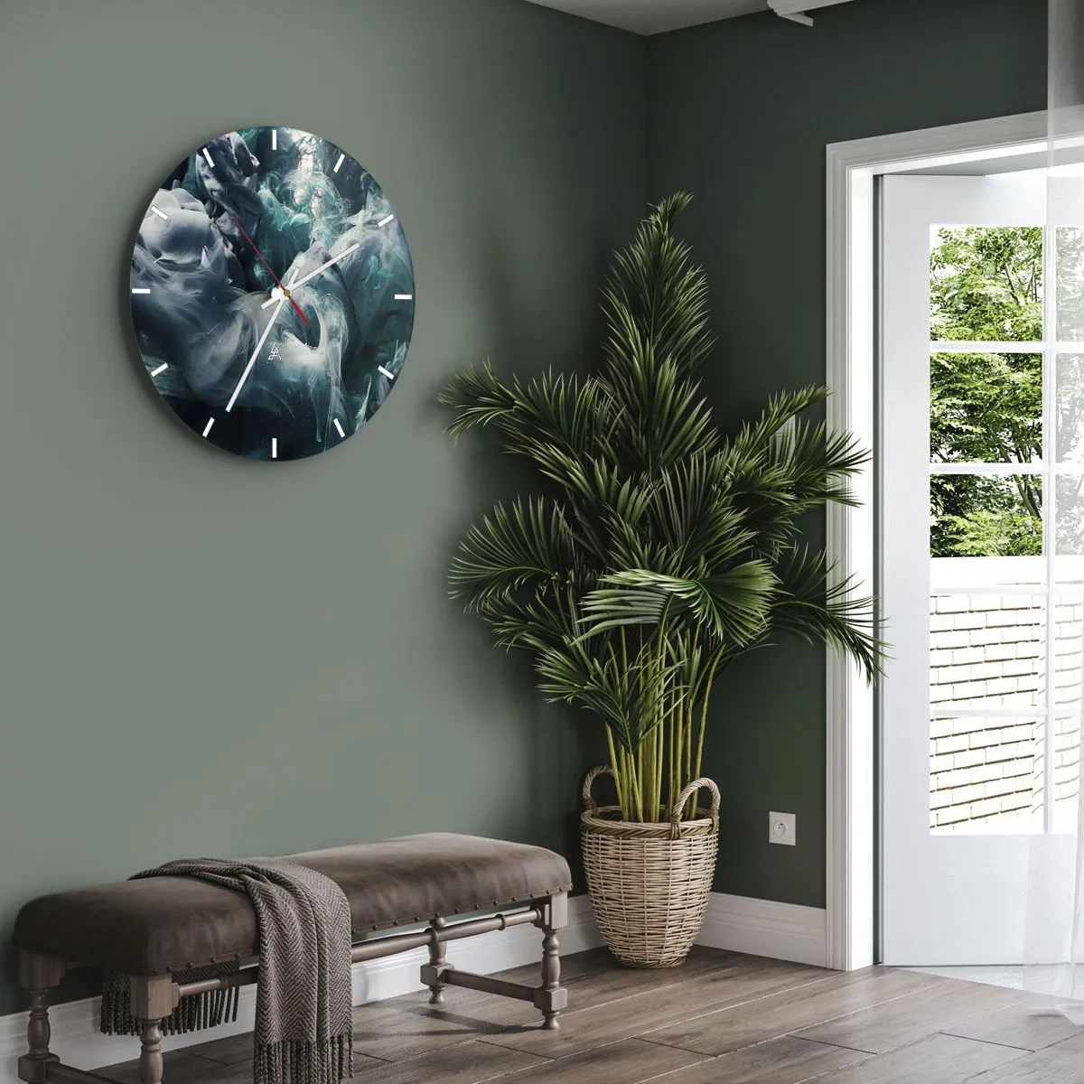 Ceas de perete - Ceas pe sticlă - O compoziție abstractă de fum și vopsea în tonuri de verde și gri. - 30x30cm - Mișcarea culorilor - Decorațiune modernă pentru perete pentru living, bucătărie și dormitor ARTTOR