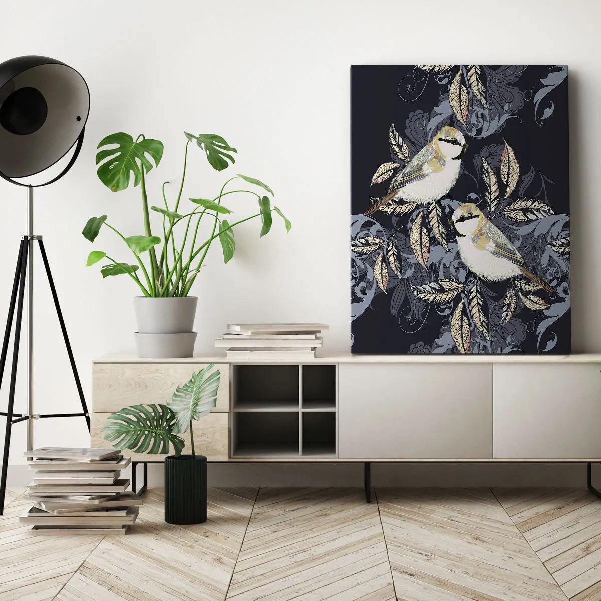 Tablou pe pânză - Ciripirile galben-albastru - 55x100 cm