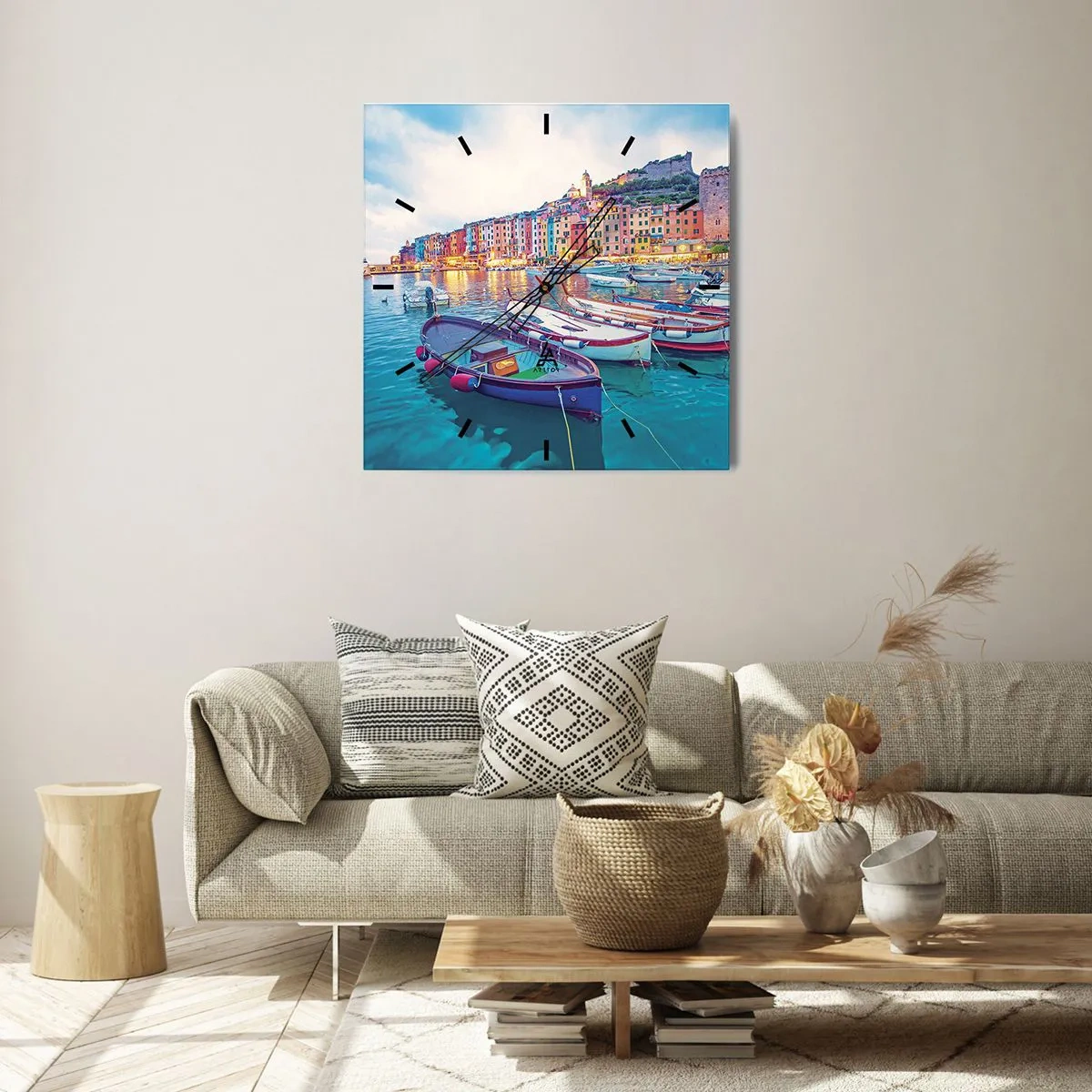Ceas de perete - Ceas pe sticlă - O seară plină de culoare în port - 30x30 cm