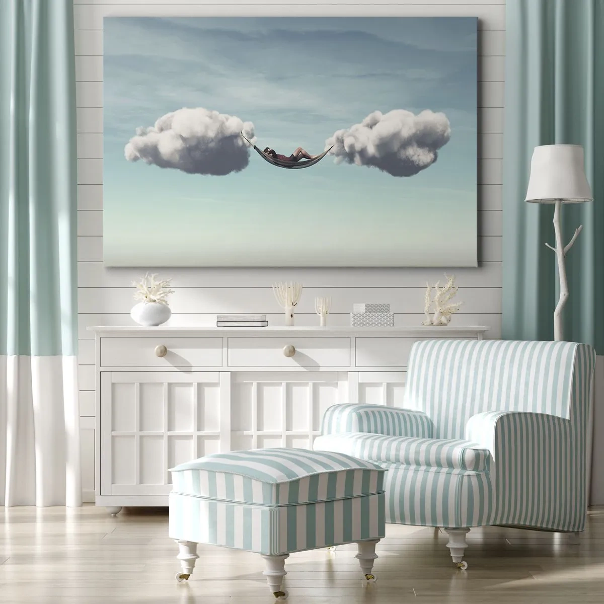 Tablou pe pânză Canvas - O persoană care se relaxează într-un hamac suspendat în nori - 70x50cm - Fericirea momentului - Decorațiune modernă pentru perete pentru living și dormitor ARTTOR