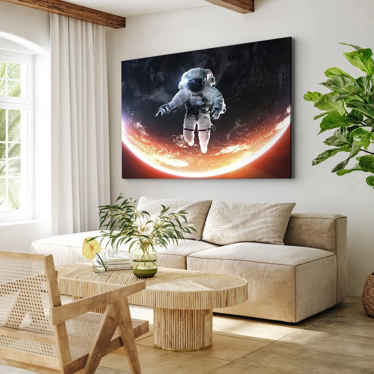Tablou pe pânză Canvas - Un astronaut plutind deasupra unui Pământ luminat de soare - 70x50cm - Pot să mai stau un pic? - Decorațiune modernă pentru perete pentru living și dormitor ARTTOR
