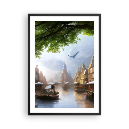 Poster în ramă neagră - Vedere pitorească a canalului cu arhitectură istorică - 50x70cm - Peisaj urban olandez  - Decorațiune modernă pentru perete pentru living și dormitor ARTTOR