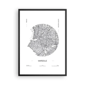 Poster în ramă neagră - Hartă minimalistă a Marsiliei într-un cerc - 50x70cm - Anatomia Marsiliei - Decorațiune modernă pentru perete pentru living și dormitor ARTTOR