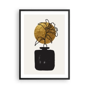 Poster în ramă neagră - Compoziție abstractă cu o floare și un cerc auriu - 50x70cm - Cât cântărește aurul? - Decorațiune modernă pentru perete pentru living și dormitor ARTTOR
