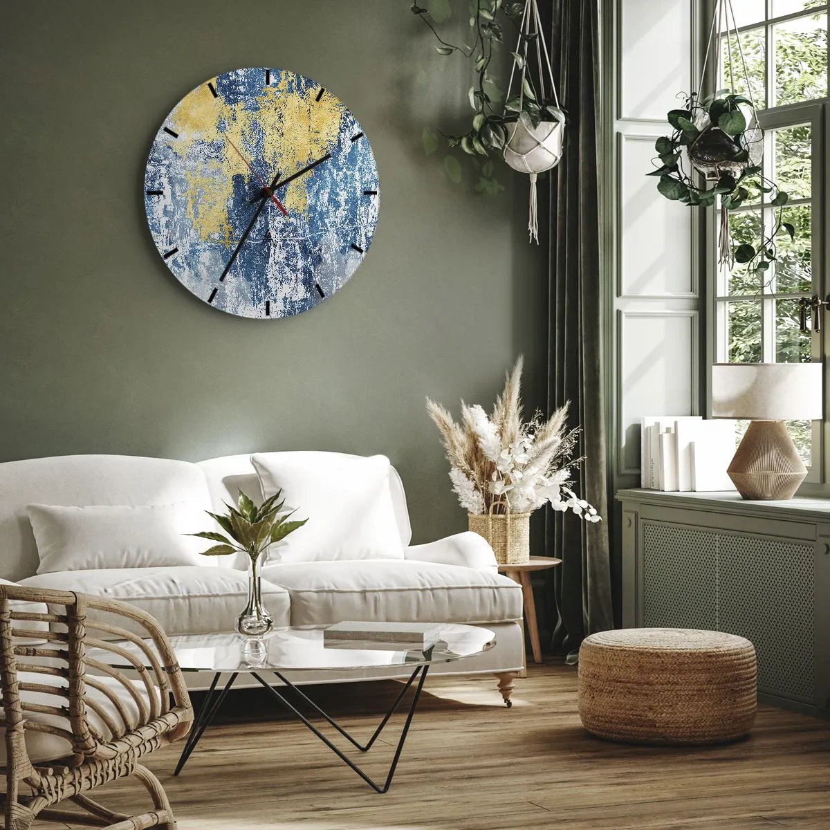Ceas de perete - Ceas pe sticlă - Textură cu accente albastre și aurii - 30x30cm - Abstracție de vreme - Decorațiune modernă pentru perete pentru living, bucătărie și dormitor ARTTOR