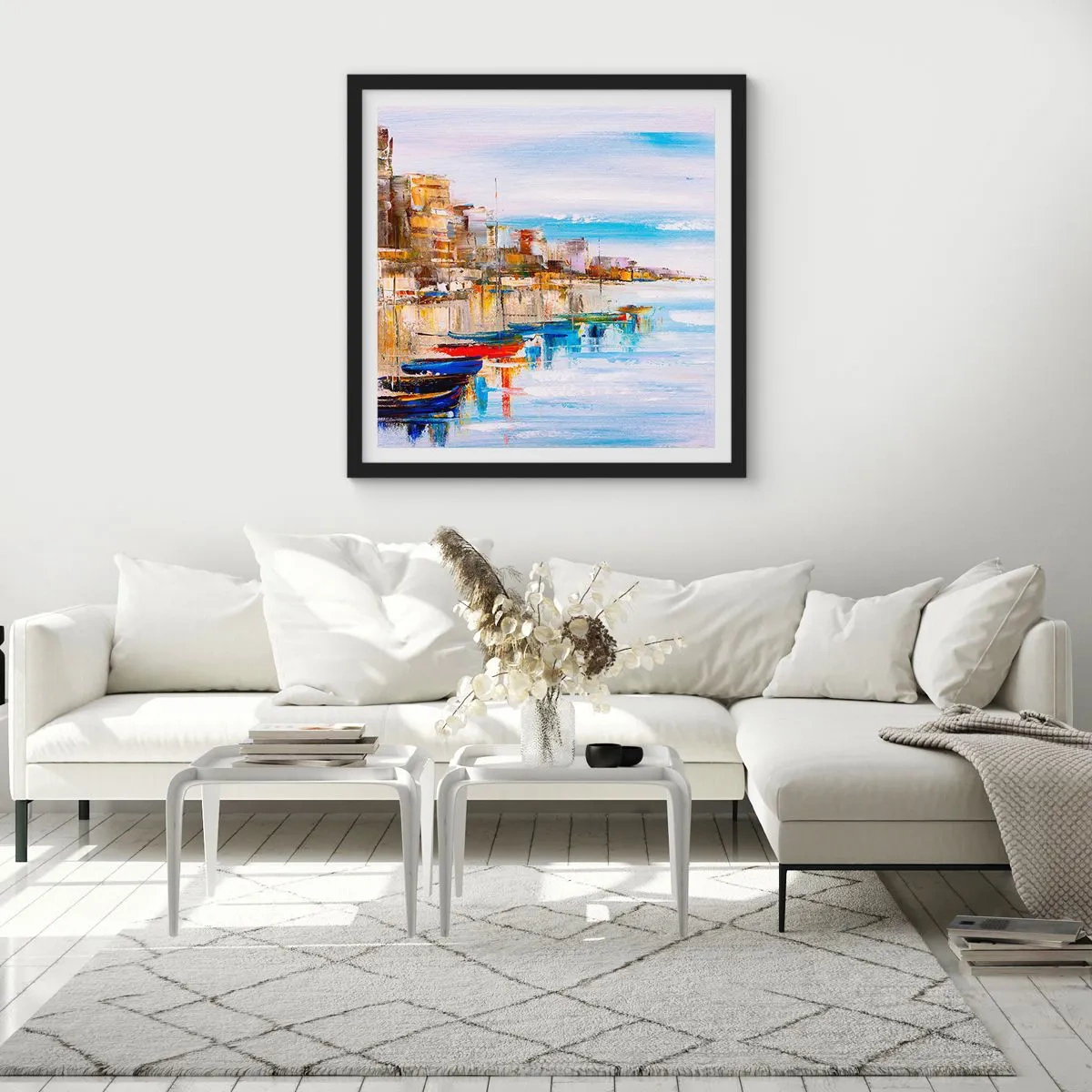 Poster în ramă neagră - Port urban multicolor - 50x50 cm