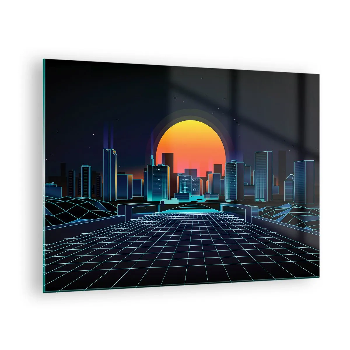 Tablou pe sticlă - Panoramă futuristă a orașului cu apus de soare - 70x50cm - Încă mai vrei să ajungi la lumea reală? - Decorațiune modernă pentru perete pentru living și dormitor ARTTOR