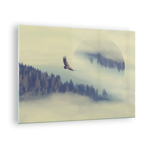 Tablou pe sticlă - Un vultur în zbor deasupra unei păduri învăluite în ceață, cu o reflexie suprarealistă. - 70x50cm - Am văzut umbra unui vultur - Decorațiune modernă pentru perete pentru living și dormitor ARTTOR