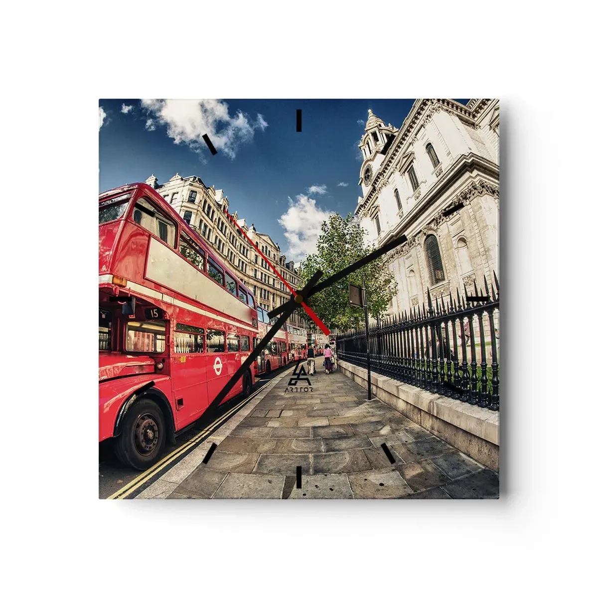 Ceas de perete - Ceas pe sticlă - Stradă din Londra în gri și roșu - 30x30 cm