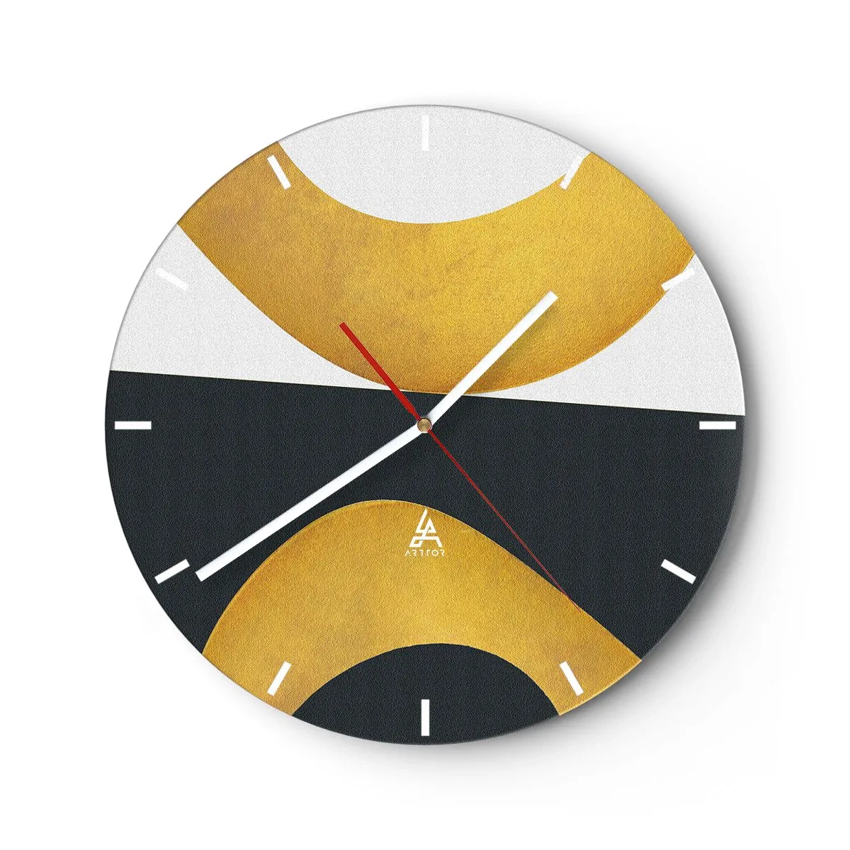 Ceas de perete - Ceas pe sticlă - Forme aurii abstracte pe un fundal alb-negru - 30x30cm - În primul rând: aurul - Decorațiune modernă pentru perete pentru living, bucătărie și dormitor ARTTOR