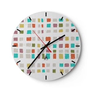 Ceas de perete - Ceas pe sticlă - Pătrate colorate pe fundal alb într-un stil abstract - 30x30cm - Joc necunoscut - Decorațiune modernă pentru perete pentru living, bucătărie și dormitor ARTTOR