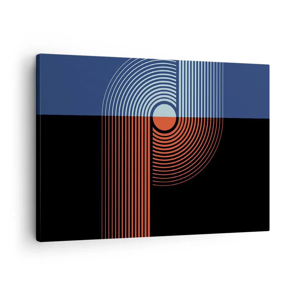 Tablou pe pânză Canvas - Abstracție geometrică cu linii în albastru marin și portocaliu. - 70x50cm - Într-o îmbrăţişare geometrică - Decorațiune modernă pentru perete pentru living și dormitor ARTTOR