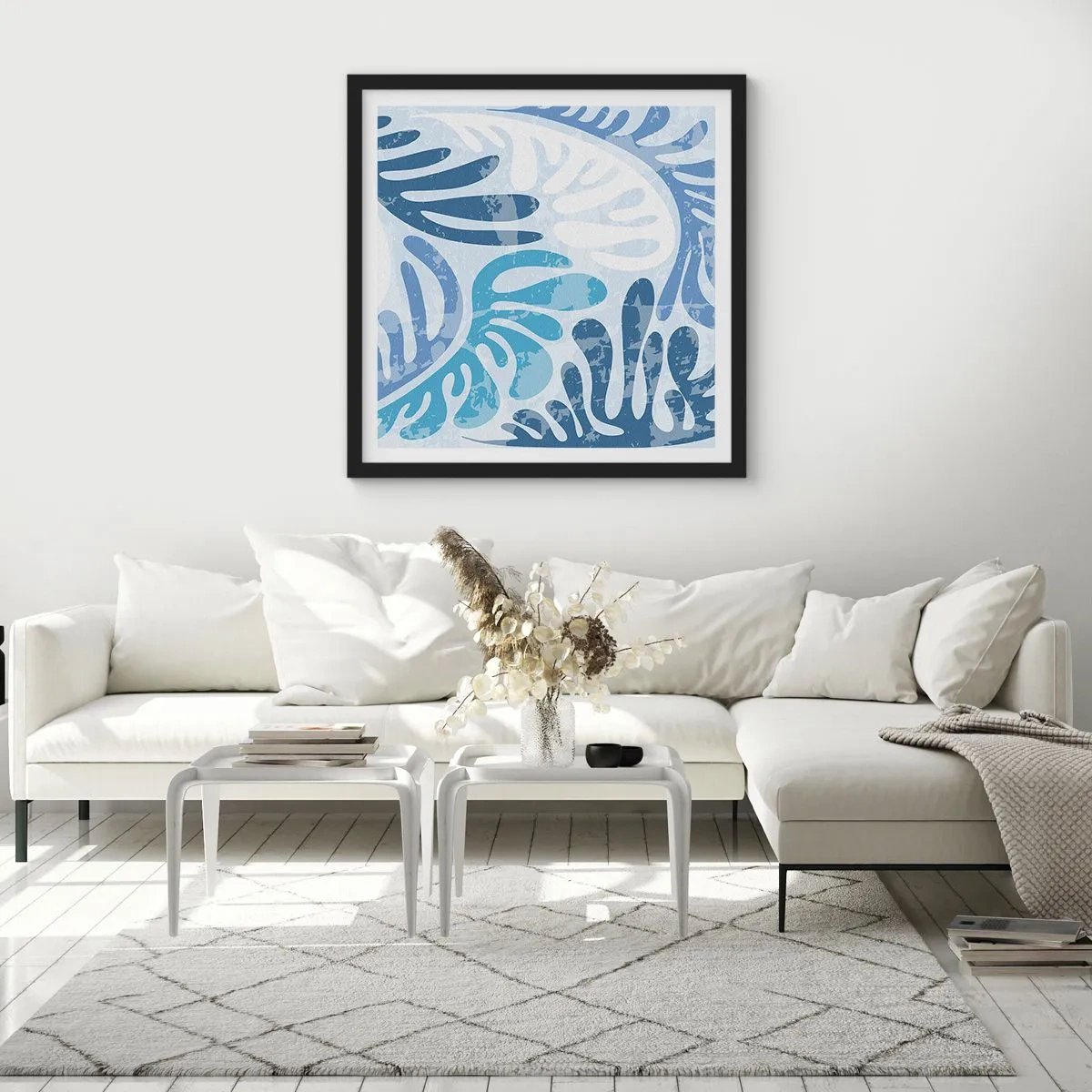 Poster în ramă neagră - Ferigi albastre - 40x40 cm