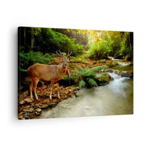 Tablou pe pânză Canvas - Un cerb lângă un pârâu înconjurat de verdeață în pădure - 70x50cm - Bun venit în lumea mea - Decorațiune modernă pentru perete pentru living și dormitor ARTTOR