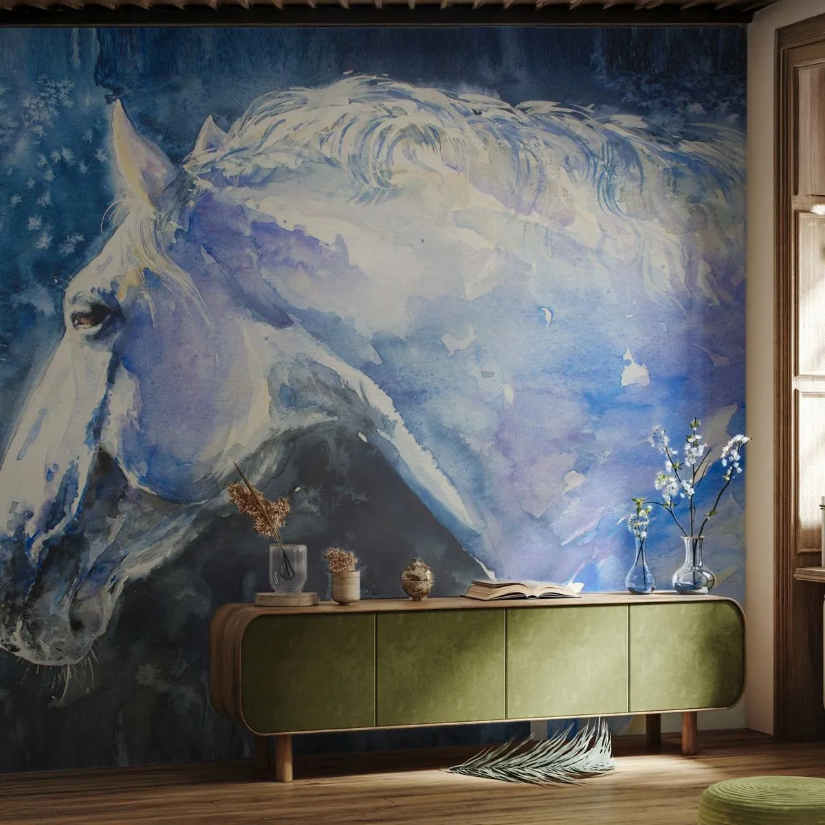 Tapet Premium Canvas - Portret într-o strălucire albastră - Cal, Pictura, Animale - 350x256 cm