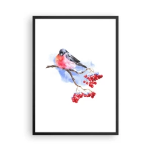 Poster în ramă neagră - O pasăre pe o creangă cu fructe roșii - 50x70cm - Iarna în culori - Decorațiune modernă pentru perete pentru living și dormitor ARTTOR