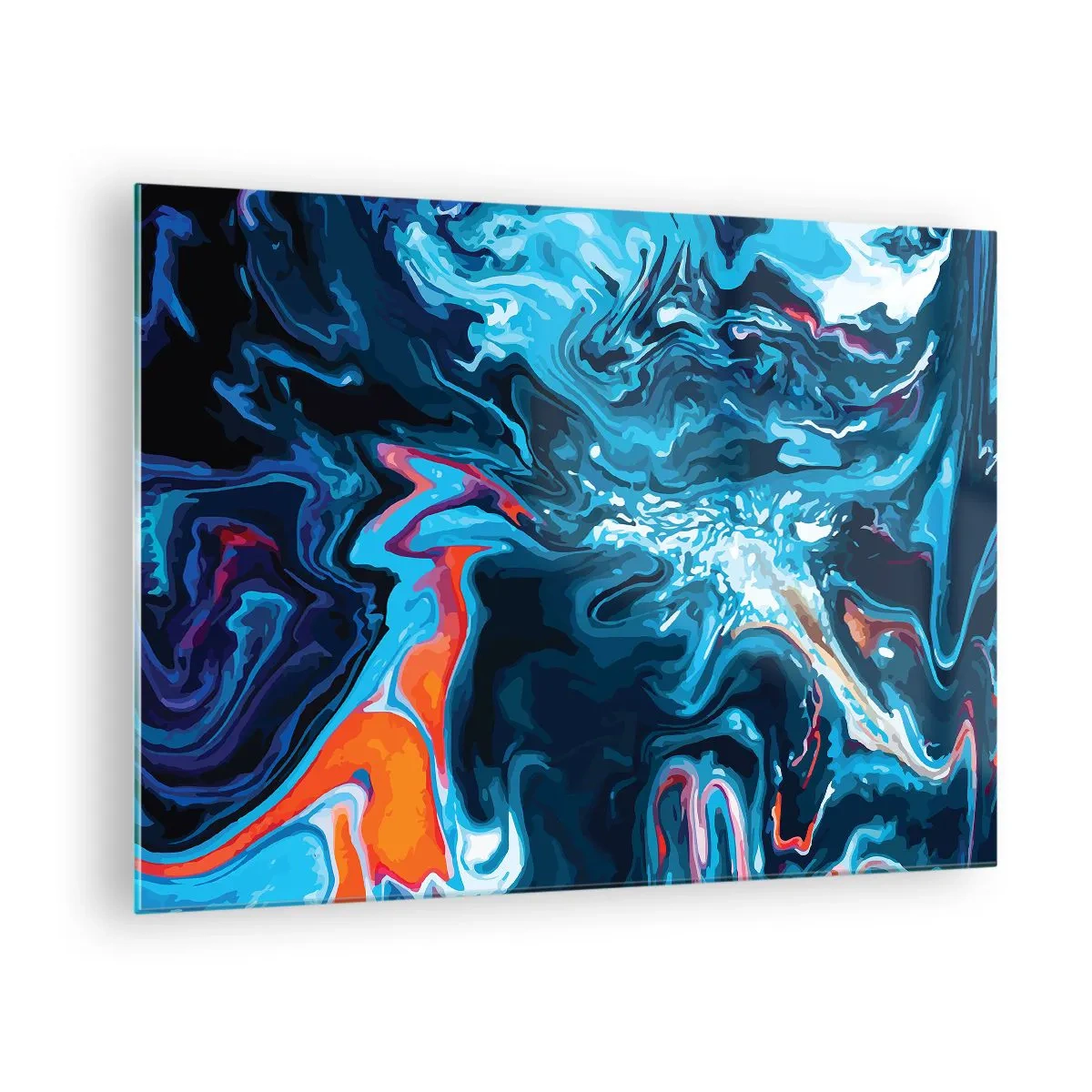 Tablou pe sticlă - Un model abstract în nuanțe de albastru cu accente de roșu și alb. - 70x50cm - Călătorie spre centrul cerului - Decorațiune modernă pentru perete pentru living și dormitor ARTTOR