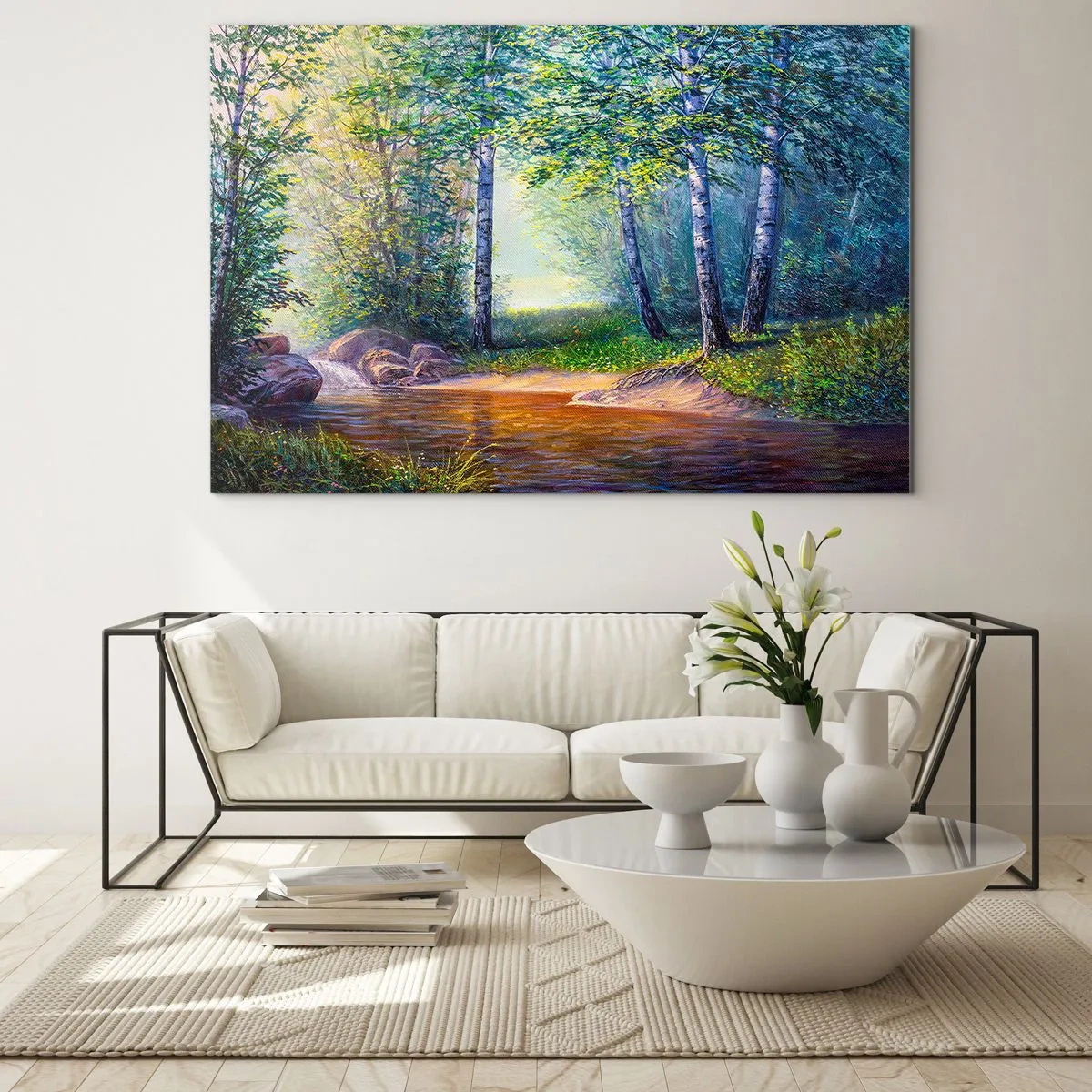 Tablou pe sticlă - Un pârâu de pădure înconjurat de copaci în razele soarelui - 70x50cm - Cadru idilic - Decorațiune modernă pentru perete pentru living și dormitor ARTTOR