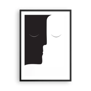Poster în ramă neagră - O grafică minimalistă a două fețe în alb și negru, creând o unitate. - 50x70cm - Unitatea contrariilor - Decorațiune modernă pentru perete pentru living și dormitor ARTTOR