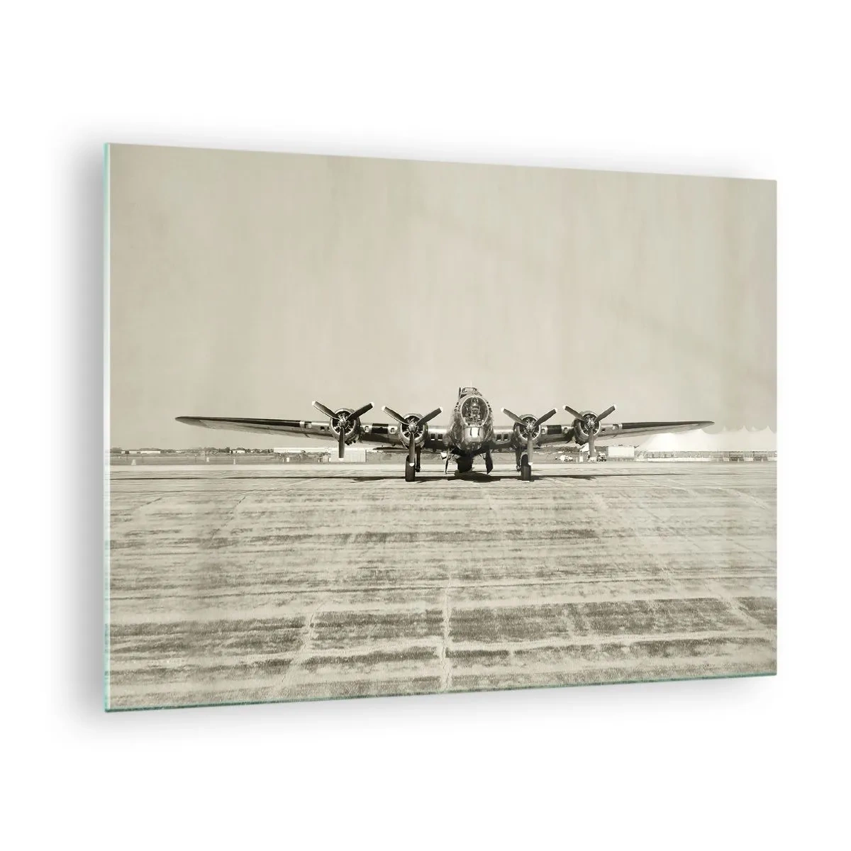 Tablou pe sticlă - Avion istoric la aeroport în stil sepia - 70x50cm - Pregătit, ca întotdeauna - Decorațiune modernă pentru perete pentru living și dormitor ARTTOR